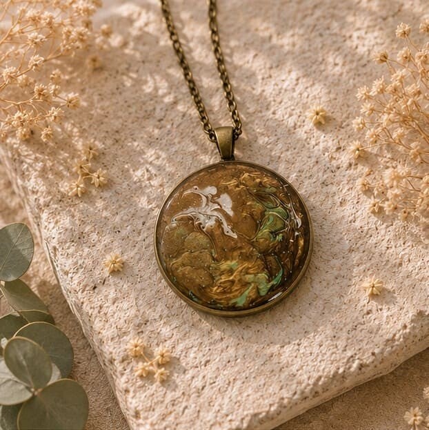 Collier en résine peint à la main médaillon rond - Sous bois – Bijou artisanal et poétique