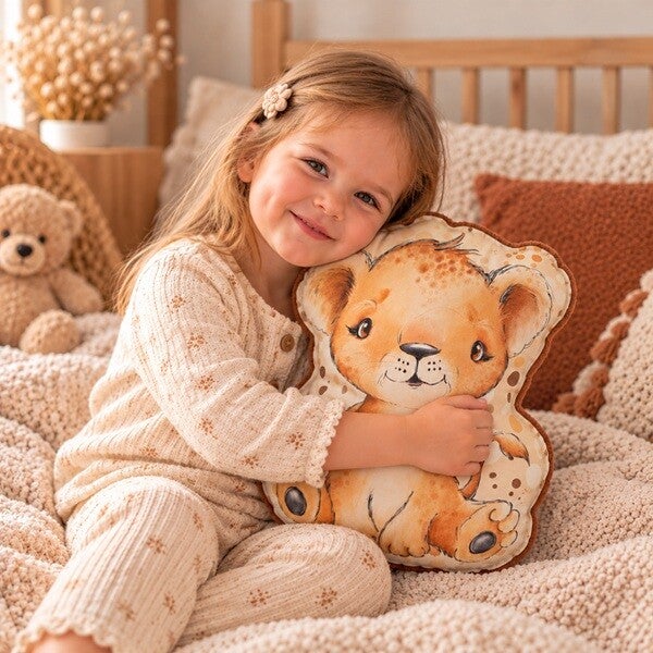 Coussin doudou bébé artisanal – Compagnon douceur fait main – Cadeau naissance – Modèle Lionceau Câlin