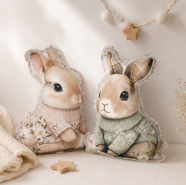 Coussin doudou bébé artisanal – Compagnon douceur fait main – Cadeau naissance – Modèle Lapins