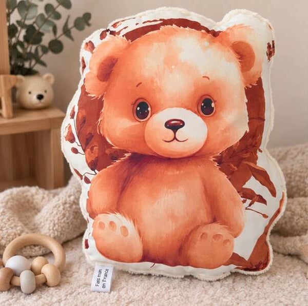 Coussin doudou bébé artisanal – Compagnon douceur fait main – Cadeau naissance – Modèle Ourson tendresse