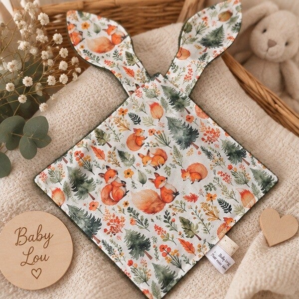Doudou plat tout doux pour bébé – Compagnon confectionné à la main – Modèle Promenade en forêt