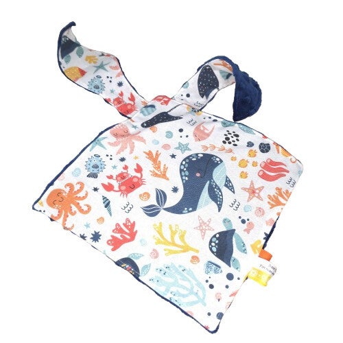 Doudou plat oreilles de lapin, Coton et Minky, Collection Animaux marins