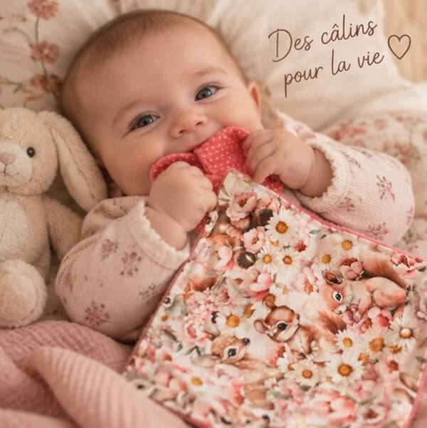 Doudou plat tout doux pour bébé – Compagnon confectionné à la main – Collection Forêt fleurie