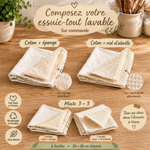 Essuie-tout lavable personnalisable – Lot de 6 sur commande