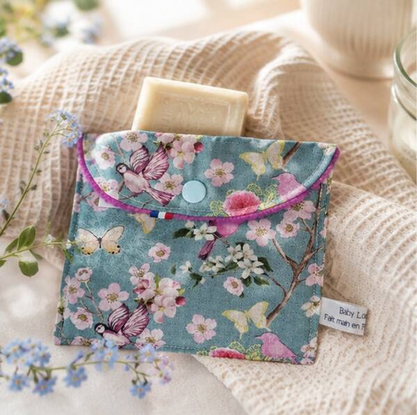 Pochette pour savon et shampoing solides en tissu – Cerisiers en fleurs – Création artisanale