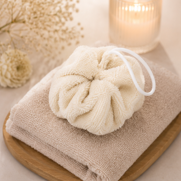 Fleur de douche écrue en éponge bambou – Fabrication artisanale