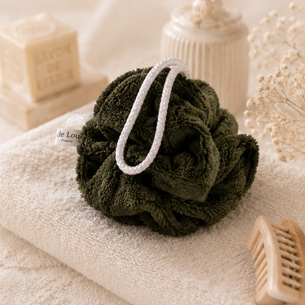 Fleur de douche vert kaki en éponge de bambou – Fabrication artisanale
