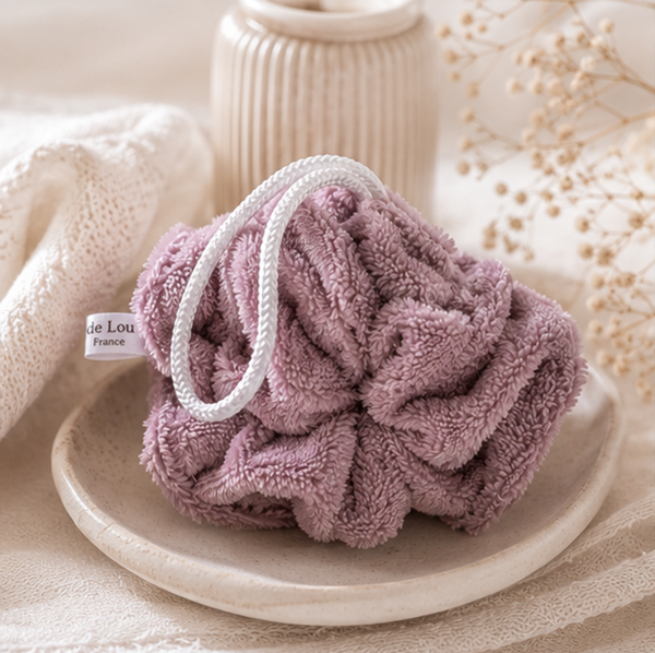 Fleur de douche lavable et réutilisable en éponge bambou, Coloris Mauve