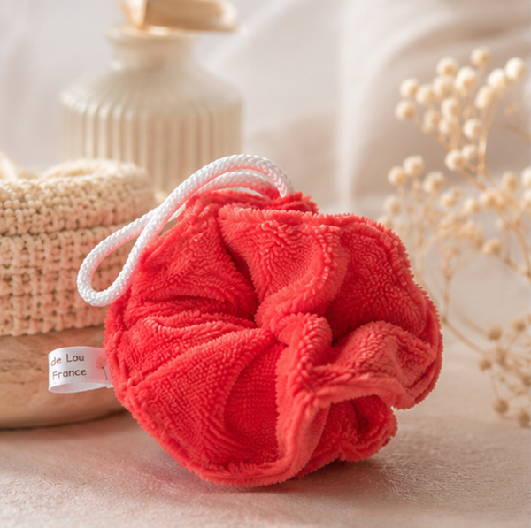 Fleur de douche lavable et réutilisable en éponge bambou, Coloris Papaye