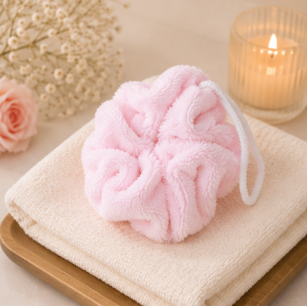 Fleur de douche rose bonbon en éponge bambou – Fabrication artisanale