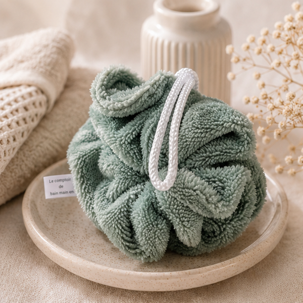 Fleur de douche lavable et réutilisable en éponge bambou, Coloris Vert sauge