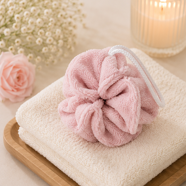 Fleur de douche rose poudré en éponge bambou – Fabrication artisanale