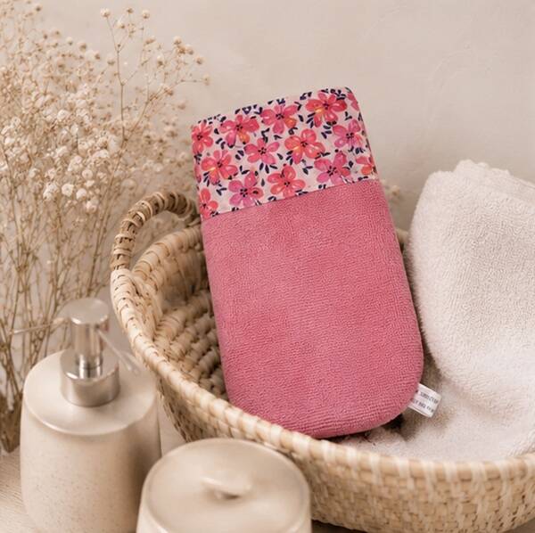 Gant de toilette en éponge bambou – Modèle Fleurs d'été – Fabrication artisanale française