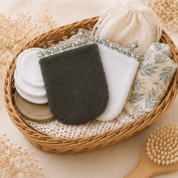 Mini gants débarbouillettes lavables – Fleurs blanche – Éponge bambou ultra douce