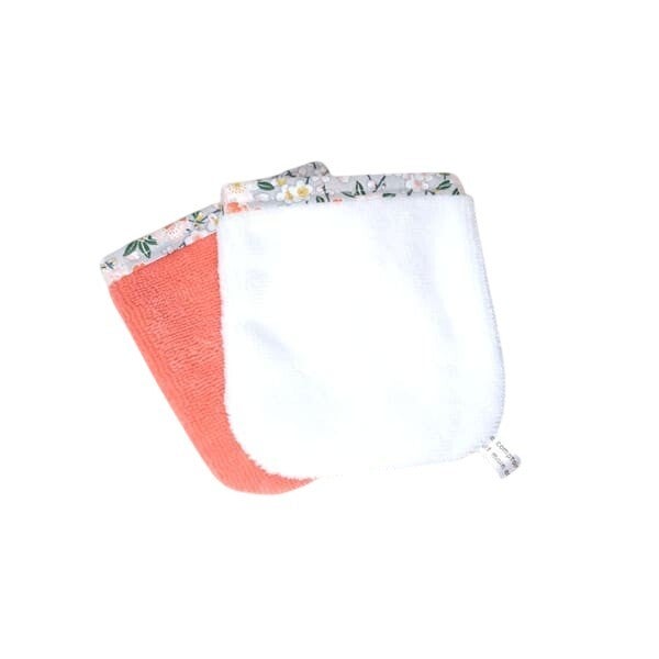 Gant de toilette mini, Débarbouillette, Eponge bambou & coton, Coloris blanc & Papaye motif fleurs de cerisier