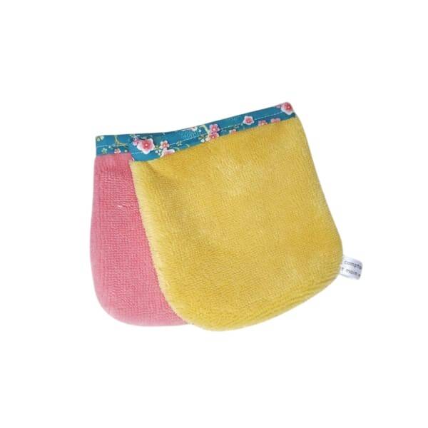 Gant de toilette mini, Débarbouillette, Eponge bambou & coton, Coloris rose et ocre motif fleurs de cerisier