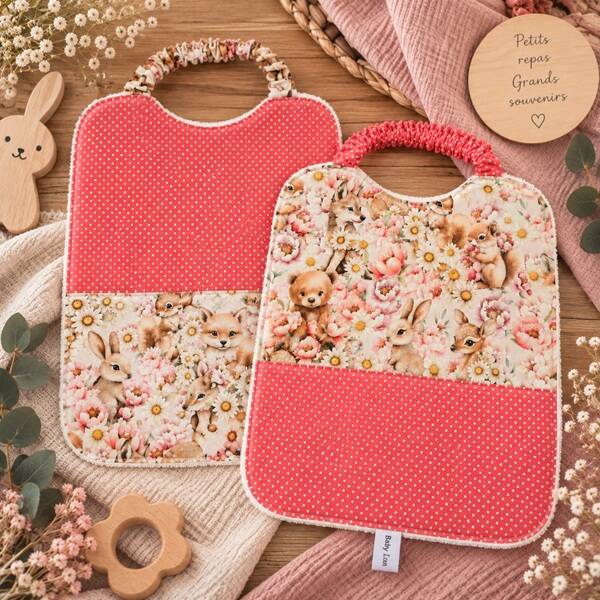 Grand bavoir, Serviette élastiquée coton et éponge – Bavoir repas – Accessoire bébé et jeunes enfants fait main – Collection Forêts fleuries