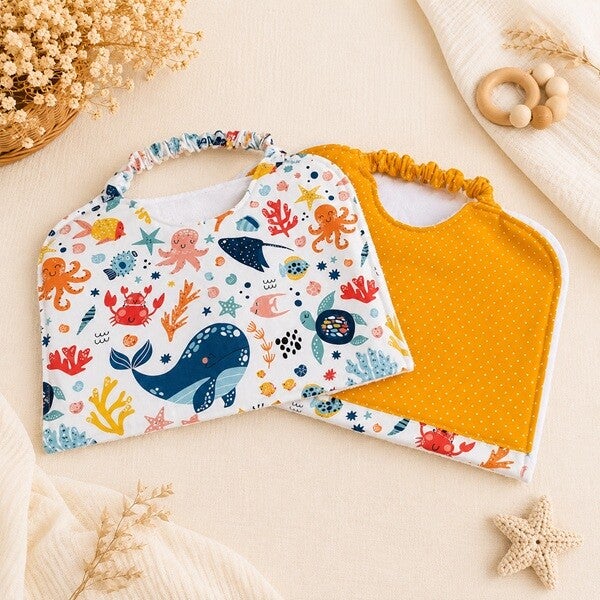 Grand bavoir, Serviette élastiquée coton et éponge – Bavoir repas – Accessoire bébé et jeunes enfants fait main – Modèle Animaux marins