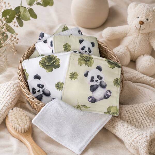 Lingettes lavables bébé 10.5 x 10.5 cm – Panda –  Coton & éponge bambou