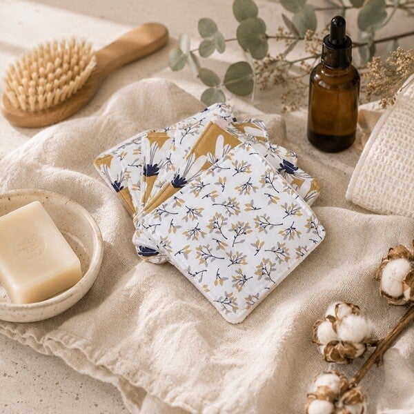 Lingettes démaquillantes lavables 10.5 x 10.5 cm – Fleurettes ocres –  Coton & éponge bambou