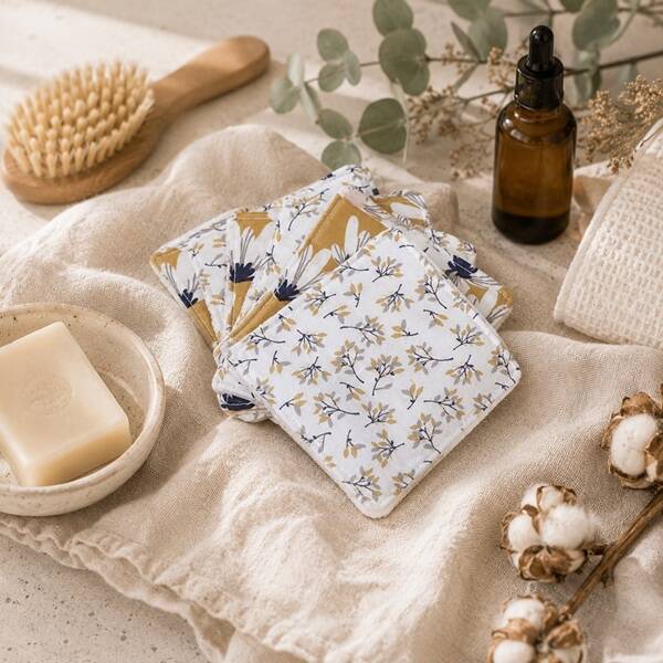 Lingettes démaquillantes lavables 10.5 x 10.5 cm – Fleurettes ocres –  Coton & éponge bambou
