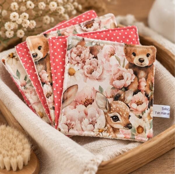 Lingettes lavables bébé 10.5 x 10.5 cm – Forêt fleurie –  Coton & éponge bambou