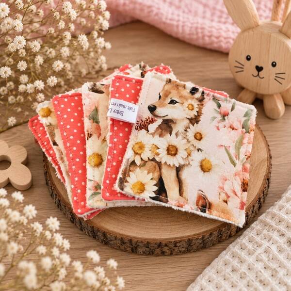 Lingettes lavables bébé 8.5 x 8.5 cm – Forêt fleurie – Coton & éponge bambou