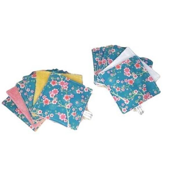 Lingettes lavables, Coton et éponge bambou, Moyen format, Modèle Fleurs de cerisier