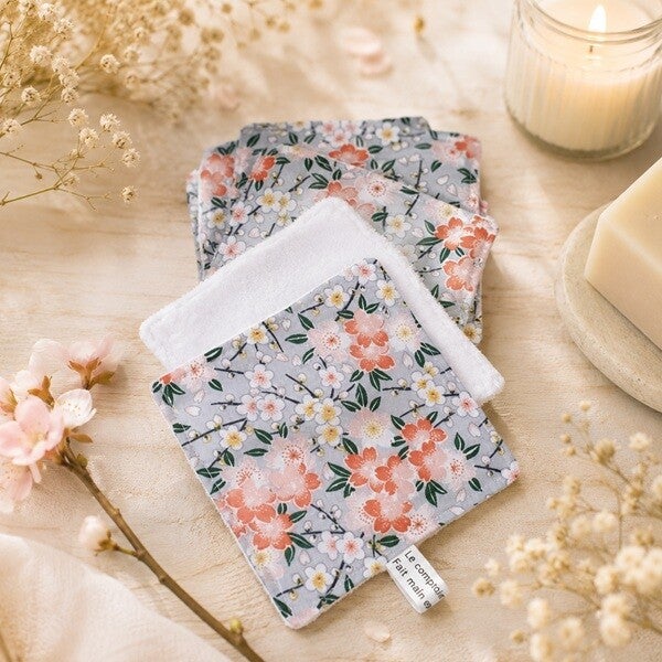 Lingettes démaquillantes lavables 10.5 x 10.5 cm – Fleurs de cerisier orange –  Coton & éponge bambou