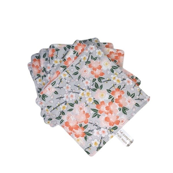 Lingettes lavables, Coton et éponge bambou, Moyen format, Modèle Fleurs cerisier orange