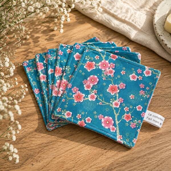 Lingettes démaquillantes lavables 10.5 x 10.5 cm – Fleurs de cerisier rose –  Coton & éponge bambou