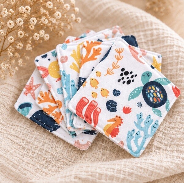 Lingettes lavables bébé 10.5 x 10.5 cm – Animaux marins –  Coton & éponge bambou