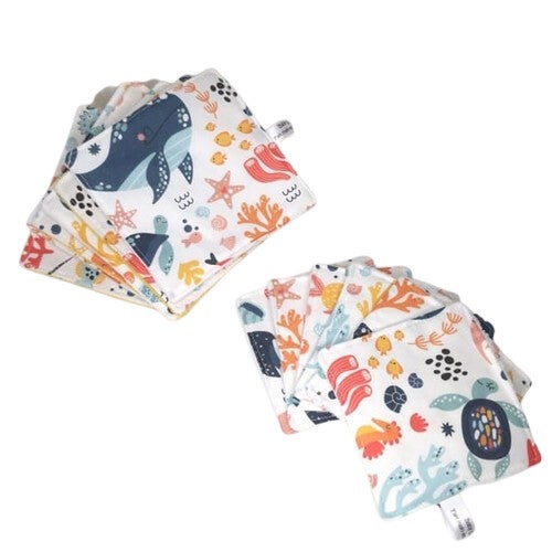 Lingettes lavables, Coton et éponge bambou, Moyen & Grand format, Modèle Animaux marins
