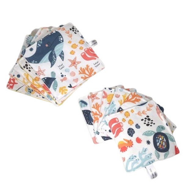 Lingettes lavables, Coton et éponge bambou, Moyen & Grand format, Modèle Animaux marins