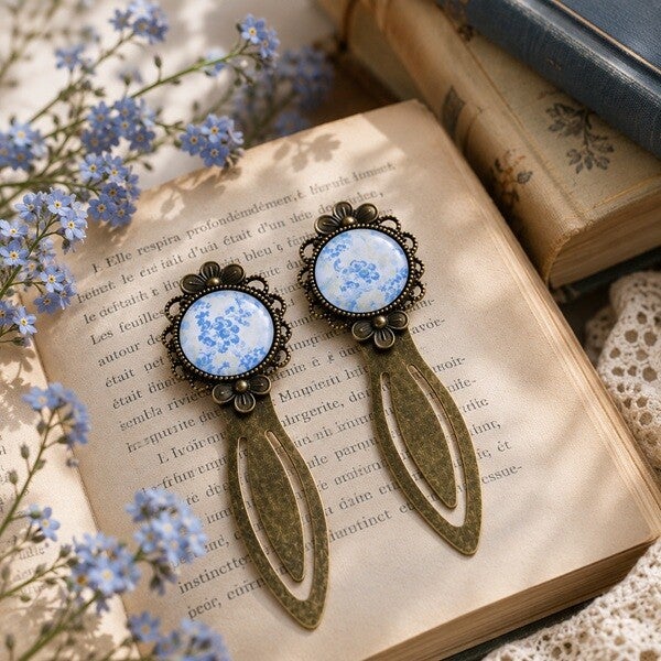 Marque-pages illustré avec cabochon en verre – Modèle Myosotis – Création artisanale