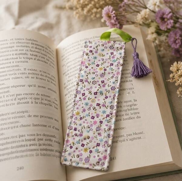 Marque-page artisanal en tissu – Prairie de Lavande – Fait main