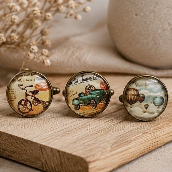 Boutons de manchette homme illustrés vintage – Escapade Vintage – Création artisanale