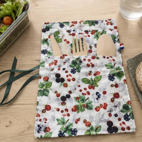 Pochette à couverts nomade en coton enduit – Modèle classique – Baies sauvages