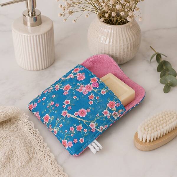Pochette pour savon et shampoing solides en tissu – Fleurs de cerisier turquoise – Création artisanale