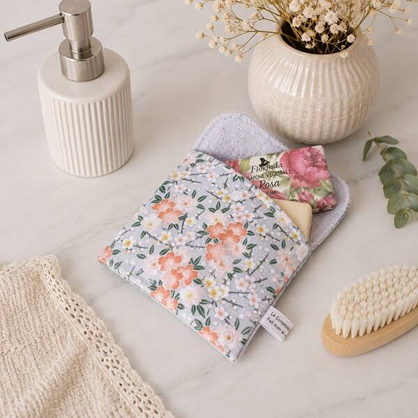Pochette pour savon et shampoing solides en tissu – Fleurs de cerisier orange – Création artisanale