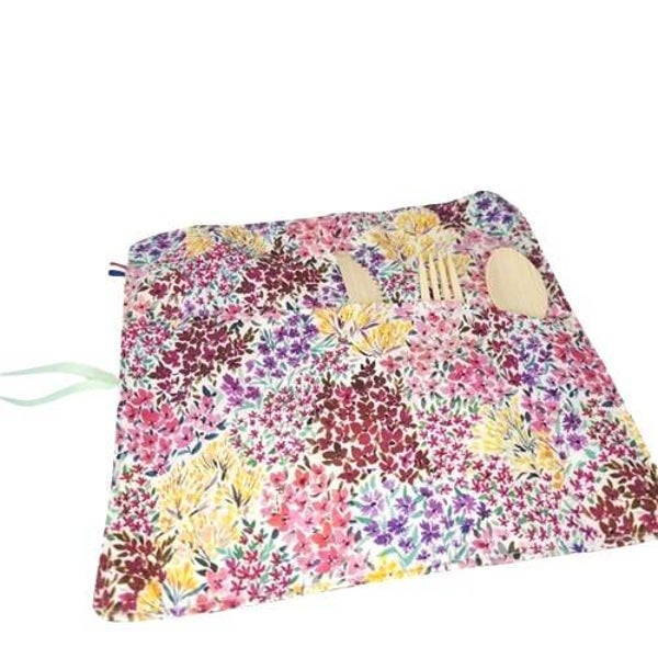 Pochettes à couverts, Modèle double, Lavable & réutilisable, Modèle fleurs colorées