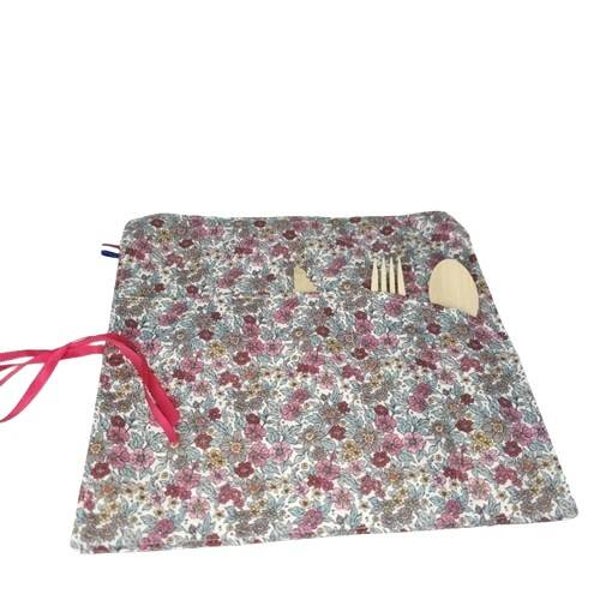 Pochettes à couverts, Modèle double, Lavable & réutilisable, Modèle fleurs roses feuillage bleu