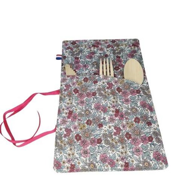 Pochettes à couverts, Modèle simple, Lavable & réutilisable, Modèle fleurs roses et feuillage bleu