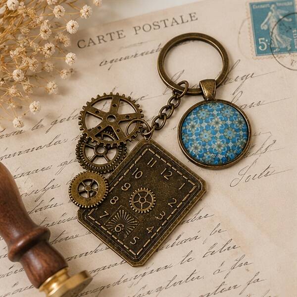 Porte-clés homme illustré – Mécanique du Temps – Cabochon en verre