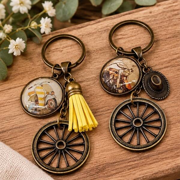 Porte-clés homme illustrés vintage – Esprit de Route – Cabochon en verre