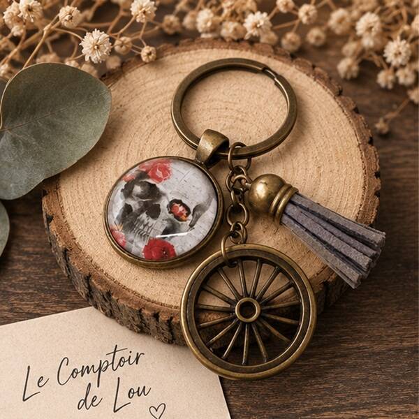 Porte-clés homme illustré tête de mort & roses – Road & Roses – Cabochon en verre