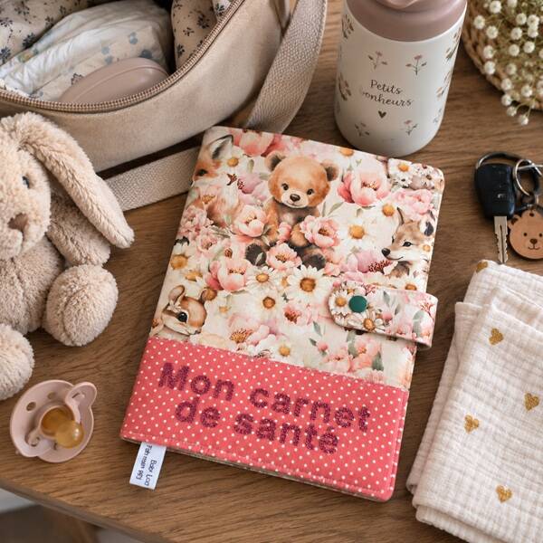 Protège carnet de santé bébé – Création artisanale – Collection Forêt fleurie