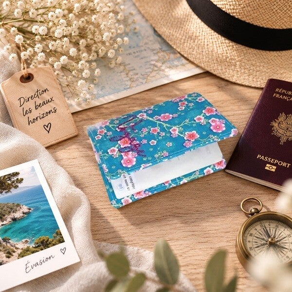 Protège-passeport en tissu – Cerisiers turquoise