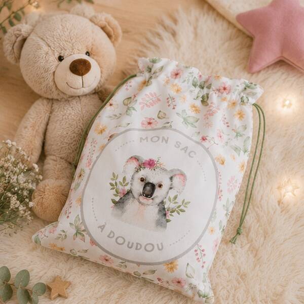 Sac à doudou, Sac de crèche –  Modèle Koala fleuri – Fait main