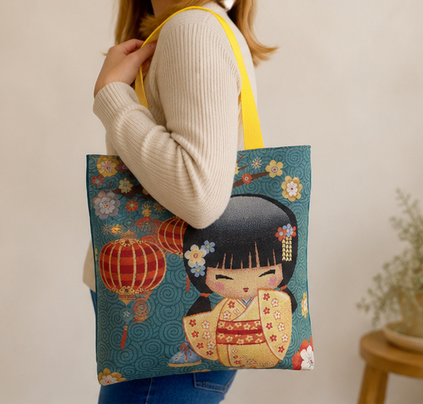 Sacs tote bags cousus main | Kokeshi bleu | Créations artisanales en tissu